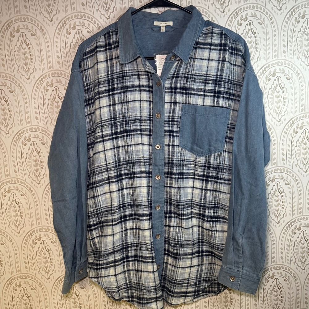 Maurices Women Blue Plaid Denim‎ Mix Button Up Shirt Size S CabinCore basic